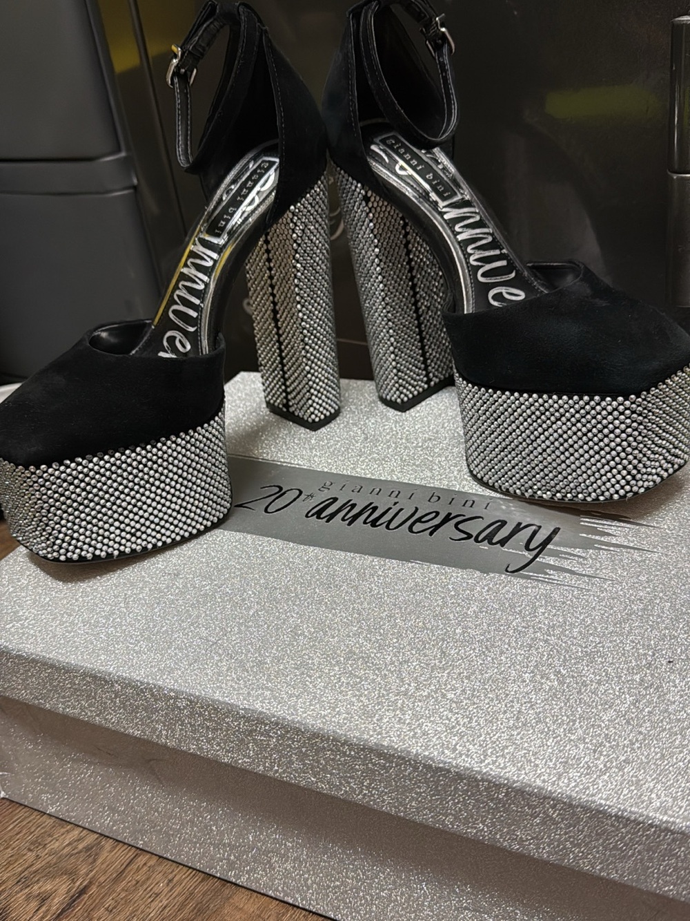 Gianni Bini Black Suede Platform Heels with Crystal-Studded Heel